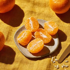 Peeled Mandarin Orange Segments on Ceramic Plate in Sunlight with Deep Shadows. AI generative