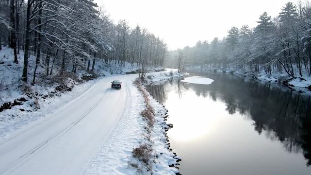 Black Car Driving on Snowy Road Next to Icy River in Winter Forest