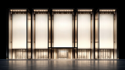 Naklejka premium Illuminated modern glass building facade at night with tall light panels and reflective plaza