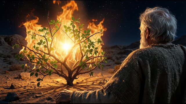 Prophet Moses and the Burning Bush. God Speaking on Mount Horeb. Book of Exodus Cinematic Bible Scene