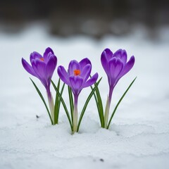 Vibrant purple crocuses pushing up through thick white snow, heralding the arrival of the spring season and warmer weather ,early ,hope ,arrival
