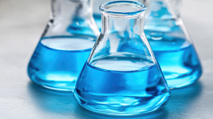 Blue laboratory flasks with bright blue liquid arranged on tabletop, clinical mood