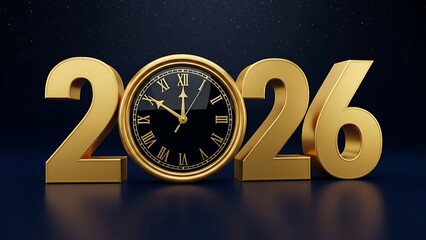 Golden 2026 numerals with a black and gold roman numeral clock in the center on dark background numbers