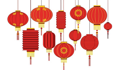 Traditional Red Chinese Lanterns Hanging on White Background