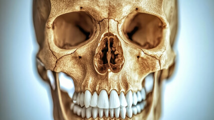 Human skull close up with detailed teeth and nasal cavity, clinical medical tone