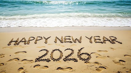 Happy New Year 2026 written in sand on a beach with ocean waves in the background sand writing