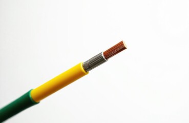 Fototapeta premium Cross-section of insulated copper electrical wire. Shows bare copper strands inside yellow and green sheath. Clean white background emphasizes industrial detail. Power transmission concept.