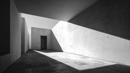 Minimalist Concrete Courtyard Corridor with Diagonal Sunlight and Shadow, Black and White. AI generative