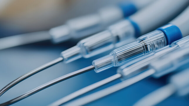 Neonatal unit incubator medical tubing and catheter closeup with soft blue light