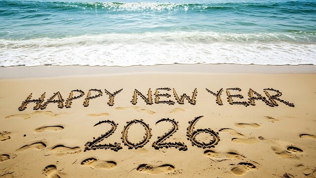 Happy New Year 2026 written in sand on a beach with ocean waves in the background sand writing - Powered by Adobe