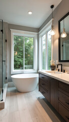 Fototapeta premium Modern bathroom features freestanding tub by large window overlooking trees. Dark wood vanity with white countertop and undermount sink. Glass shower enclosure visible. Neutral palette.
