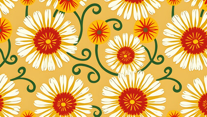 Cheerful Retro Seamless Floral Pattern with Stylized Daisies, Swirls, and Mid-Century Modern Color Palette