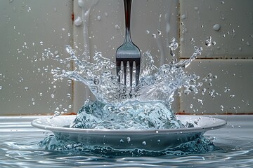 An action shot capturing the dynamic splash of water caused by a fork entering a plate, showcasing the beauty in everyday moments and the movement of liquid in an artistic manner.