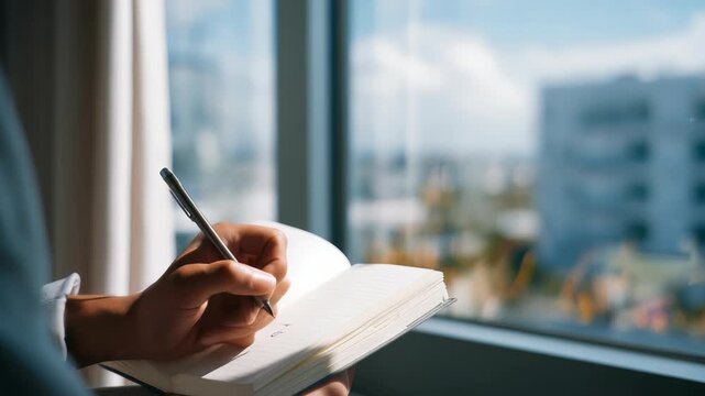 A hand holds a pen and writes in a lined notebook by a sunlit window, suggesting journaling or planning. Urban buildings outside create a peaceful, inspirational atmosphere for productivity