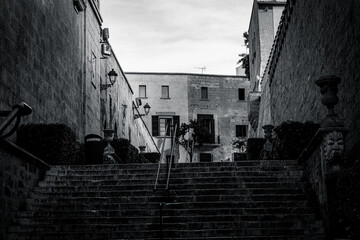 Narrow Mediterranean old town street with stone buildings, plants and cobblestone pavement.