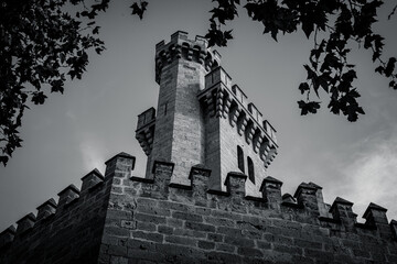 Historic fortress and palace beside the waterfront under a blue sky. Mediterranean landmark with stone walls, palm trees and reflections.