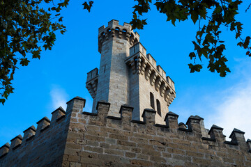 Historic fortress and palace beside the waterfront under a blue sky. Mediterranean landmark with stone walls, palm trees and reflections.