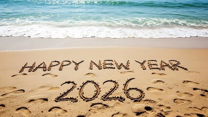 Happy New Year 2026 written in sand on a beach with ocean waves in the background
