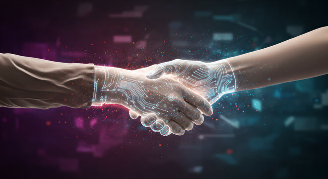 Human hand shaking cybernetic robotic hand with glowing digital circuits. Futuristic artificial intelligence partnership and technology integration concept. Digital collaboration in modern business - Powered by Adobe