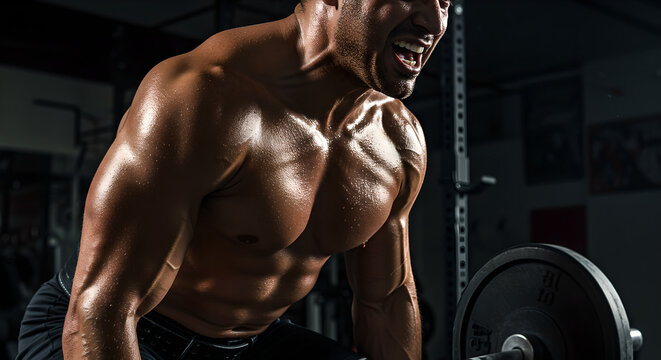 Man deadlifting heavy barbell in gym. Intense strength training workout for muscle building. Fitness and power exercise concept for athletes.