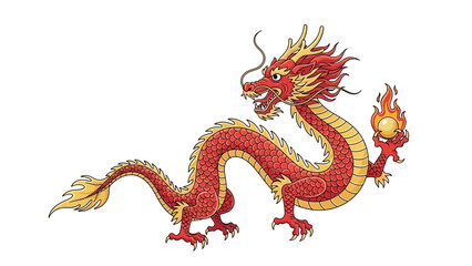 Obraz premium Traditional Chinese Dragon Illustration with Fiery Orb on White Background