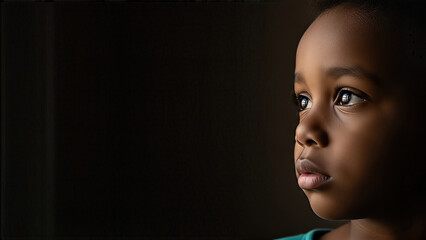 Young boy stands in profile against a deep dark background, soft light tracing his thoughtful expression and wide, reflective eyes the need for support for vulnerable children.