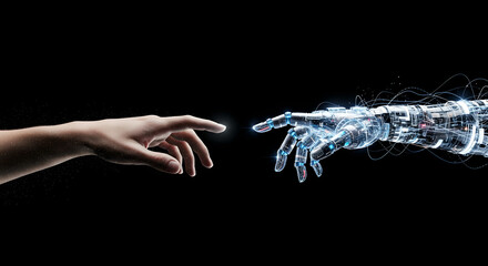 Human hand reaching toward robotic hand in digital glow. Symbol of artificial intelligence and human technology fusion. Future innovation in AI collaboration and cybernetic integration concept