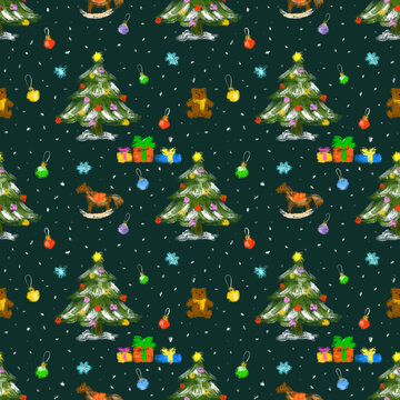 Seamless pattern with festive elements. New Year. Fir tree, Christmas tree decorations, gift boxes, presents, bear, horse and toys on a dark background. For packaging, wallpaper, decor, fabric