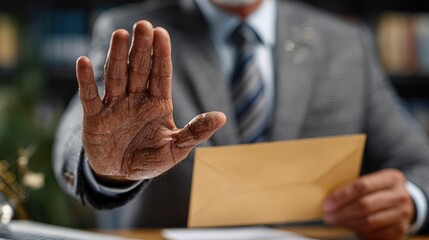 Businessman Showing Stop Gesture While Holding Envelope at Desk