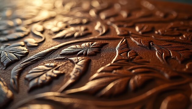 Intricate brown leather surface shows embossed floral leaf patterns. Ornate design detail on a rustic material. Warm light shines on fine texture. Artful craftwork closeup.