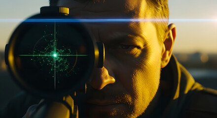 Man looking through sniper rifle scope with glowing digital crosshair. Intense targeting and surveillance in outdoor setting at dusk. Military reconnaissance and tactical operation concept for