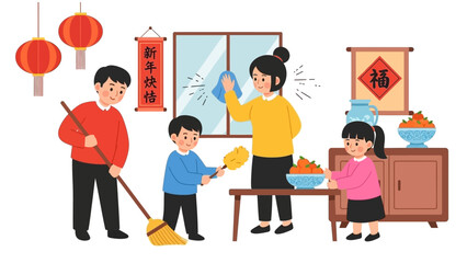 Family Celebrating Chinese New Year with Traditional Decorations