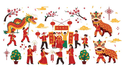 Traditional Chinese New Year Celebration with Dragons and Lanterns