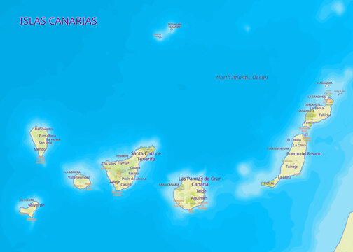 Map of the Canary Islands in the North Atlantic Ocean. The islands are surrounded by a light blue sea. The names of the islands and some cities are labeled on the map. 