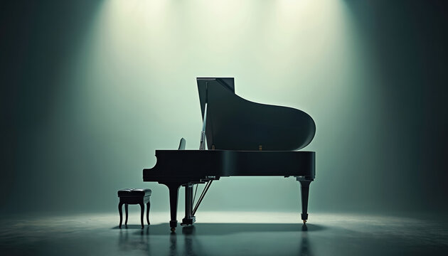 Black grand piano with stool sits on polished floor. Soft stage light illuminates instrument. Empty concert hall awaits musician for performance. Classical music sound.