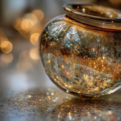 Glass ornament gleams with gold glitter in soft light