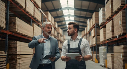Older man in suit pointing while discussing with younger man in overalls using tablets in warehouse. Business inventory review and logistics management concept.