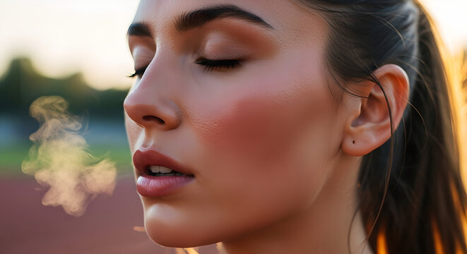 Woman exhaling mist in profile view at sunset. Athlete relaxing after workout on running track. Golden hour light evoking serenity and mindfulness in outdoor sports.