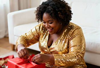 Happy African American woman opening a Christmas gift at home. Joyful person in a festive gold sequin dress unwrapping a red present. Holiday celebration concept