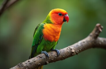 Obraz premium Orange and green parrot perches on a bare tree branch in rich green foliage background. Bird has vibrant plumage and red beak. Focus on small colorful parrot detail.