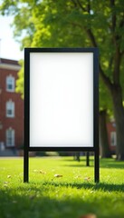 Blank white sign stands on green grass in front of brick building and trees. Ready for text and graphics placement for ads, notices, or event posters.