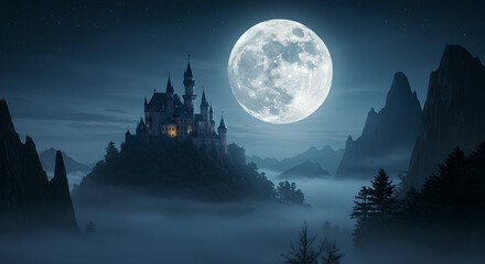 Mystical castle perched on foggy hill under full moon. Ancient fortress in dark night landscape with misty mountains. Fantasy adventure and spooky halloween concept.