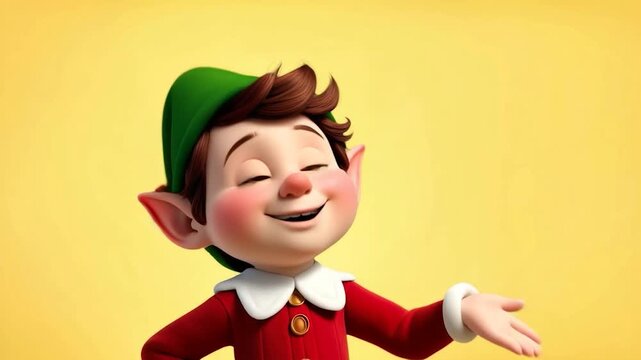 Cute 3d animated christmas elf character happily waving hello and presenting something with a big smile on a bright yellow background, ideal for spreading holiday cheer