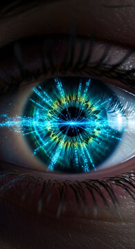 Close-up of womans eye with glowing digital code and neon light effects. Futuristic cyber vision and augmented reality concept. Integration of technology and human perception in sci-fi digital art.