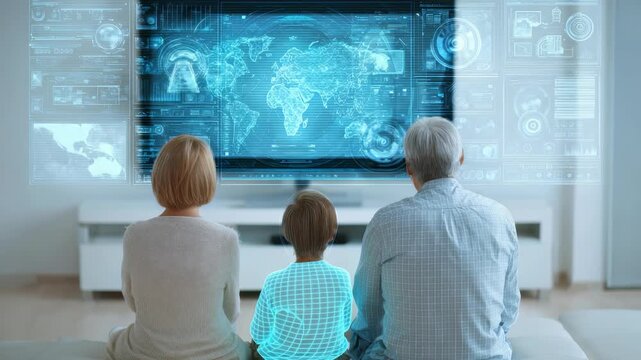A family of grandparents and a child observe advanced holographic technology displaying global data and analytics. The scene blends futuristic digital trends with intergenerational bonding at home