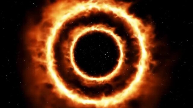 Fiery rings ablaze in the night sky, creating a cosmic spectacle against starry darkness