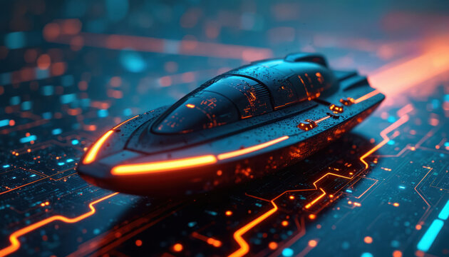 Futuristic autonomous vessel navigates digital data stream. Smart boat uses AI, sensors for pathfinding. Modern marine tech, future transport, ocean exploration, robotic system.