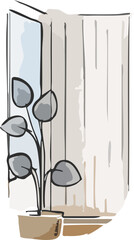 A minimal flat illustration shows a potted houseplant beside a large window with soft curtains, creating a calm, airy interior atmosphere.