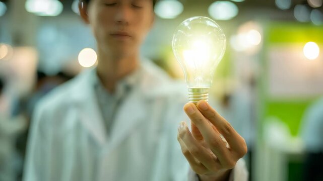 A researcher presents a bright light bulb, representing inspiration and scientific discovery in a contemporary lab environment. The focus is on the concept of new ideas and technological progress