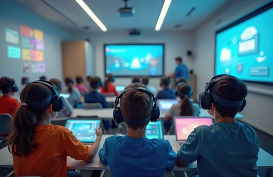 Young students wear headphones in tech classroom. Kids learn using tablets and computers. Teacher leads lesson on smartboard, modern education.